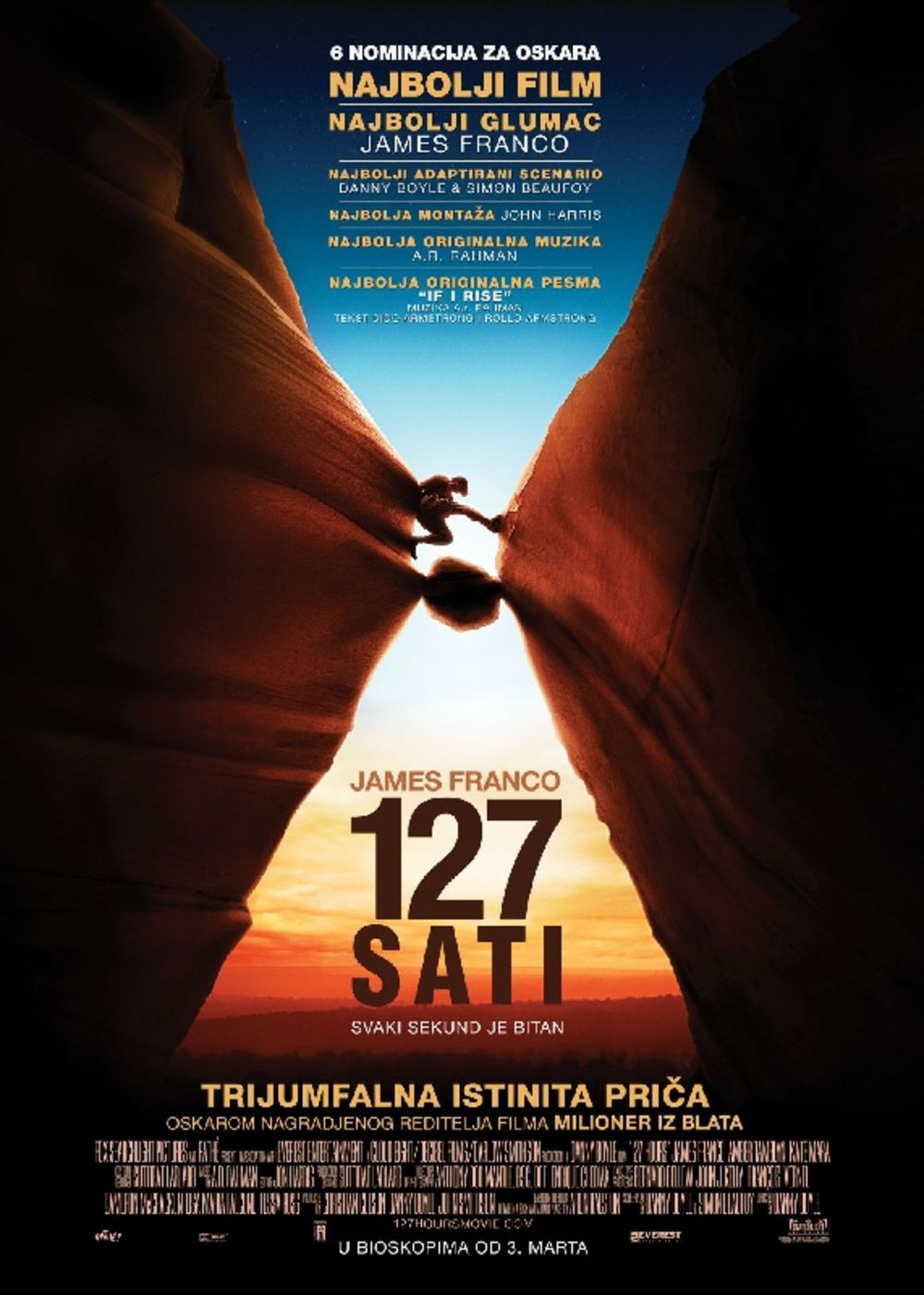 Novo ostvarenje dobitnika Oskara Denija Bojla, 127 sati, snimljeno prema istinitoj priči o neverovatnoj borbi za život  koji se našao zarobljen pod stenom, naći će se na redovnom bioskopskom repertoaru od 3. marta.