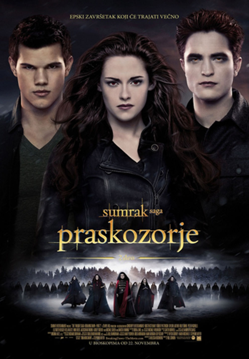 U Los Anđelesu je 12. novembra održana svetska premijera filma Sumrak saga: Praskozorje 2. deo.  Poslednji nastavak Sumrak sage rasvetliće najveće misterije ove izuzetno romantične priče koja je očarala milione. Bela je postala majka i vampirica, a Edvard se d