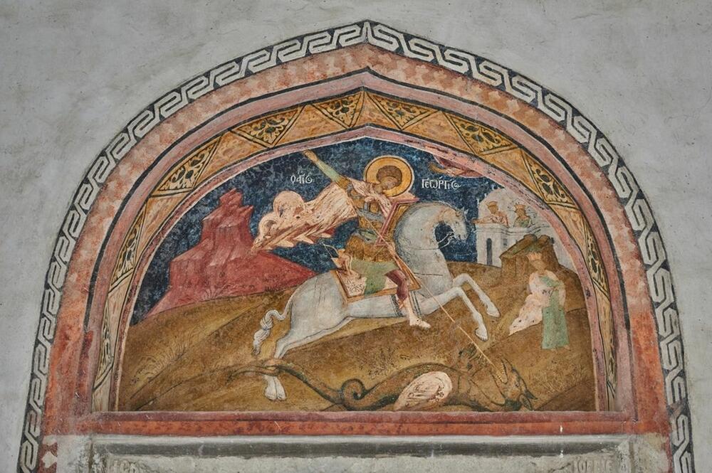 Sveti đorđe ubija aždaju na pravoslavnoj fresci