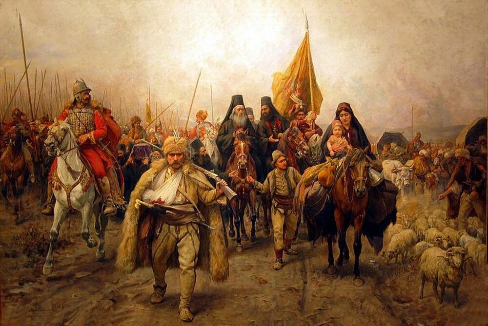 Seoba Srba, slika Paje Jovanovića, prikazuje migracije srpskog naroda za vreme turske vladavine na Balkanu