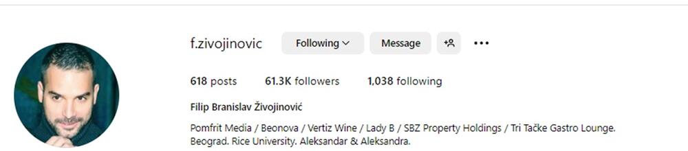 Filip je i na svom Instagram nalogu istakao da mu je puno ime Filip Branislav Živojinović 