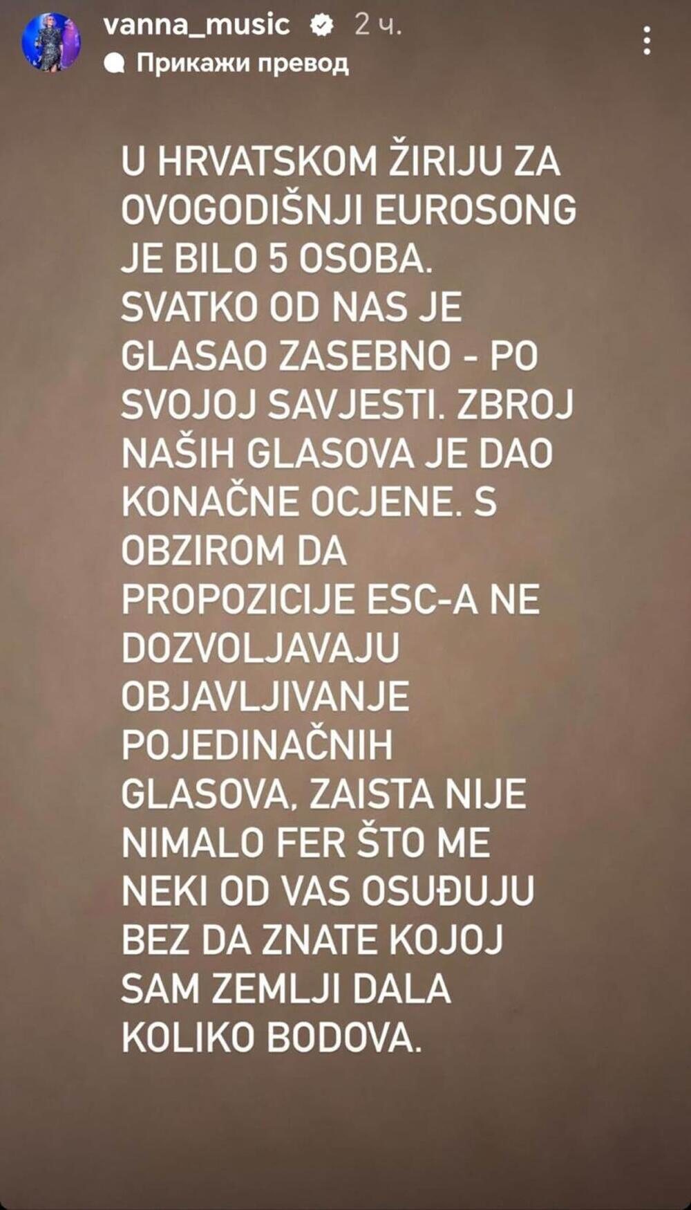 Izjava Ivane Vrdoljak Vane povodom glasova hrvatskog žirija na Evroviziji