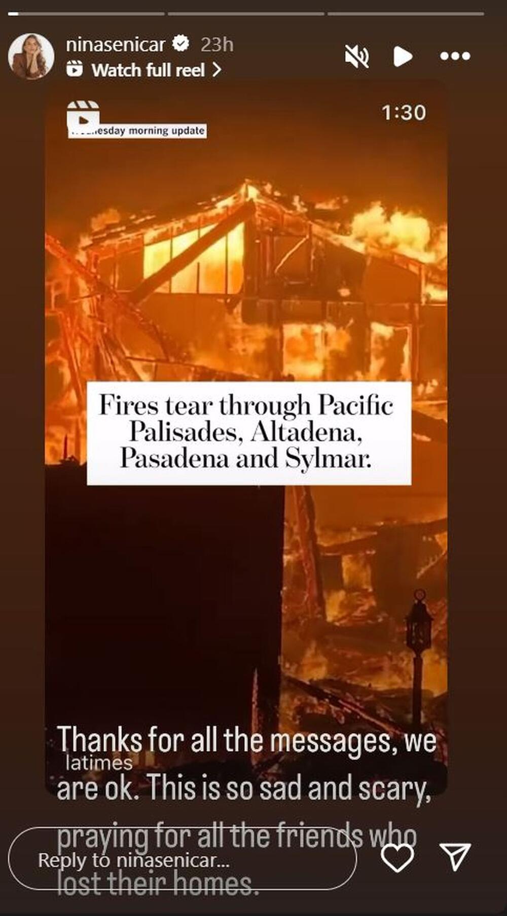 NINA SENIČAR SE OGLASILA NAKON POŽARA U LA