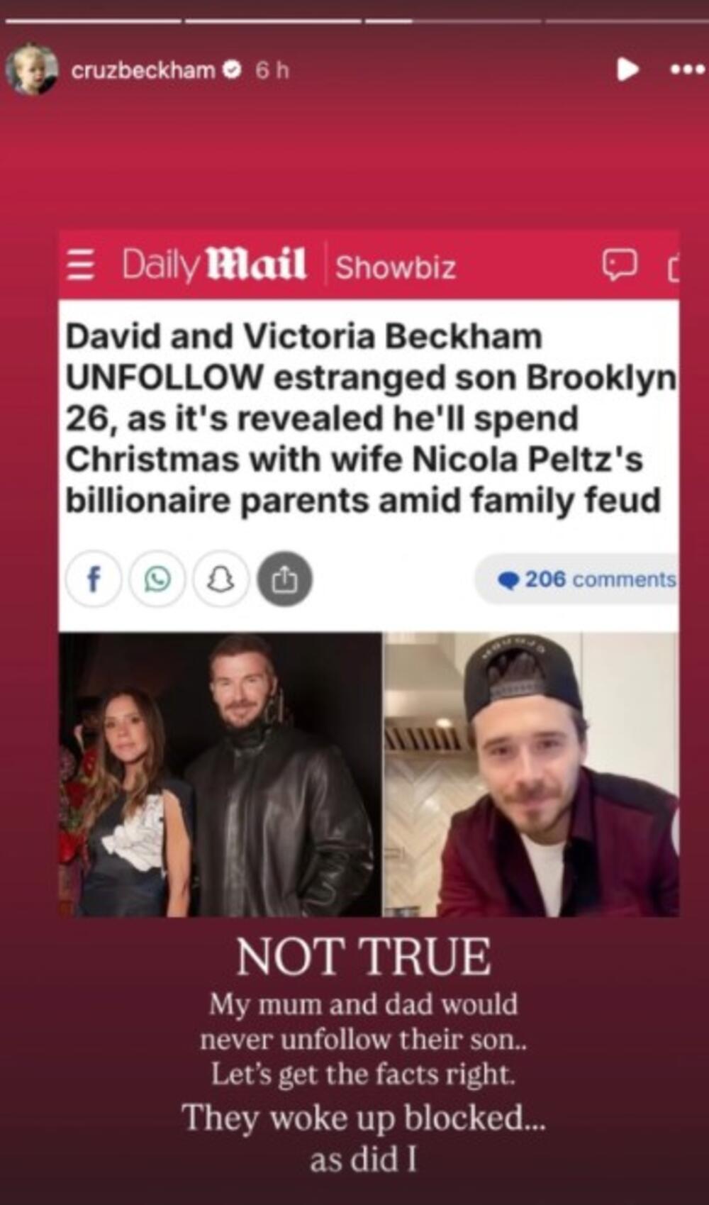 Kruz Bekam otkrio da je Bruklin blokirao roditelje i njega na Instagramu