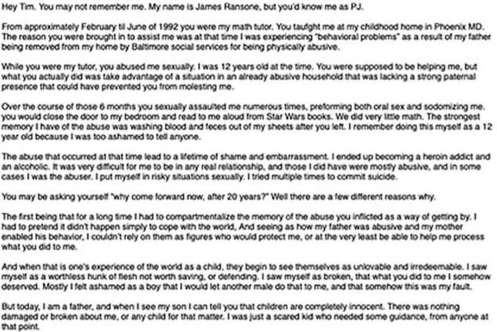 Pismo Džejmsa Rensona njegovom zlostavljaču