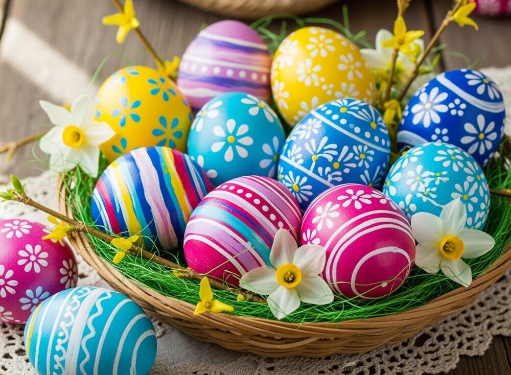 Uskršnja jaja u korpi s veštačkom travom i narcisima
